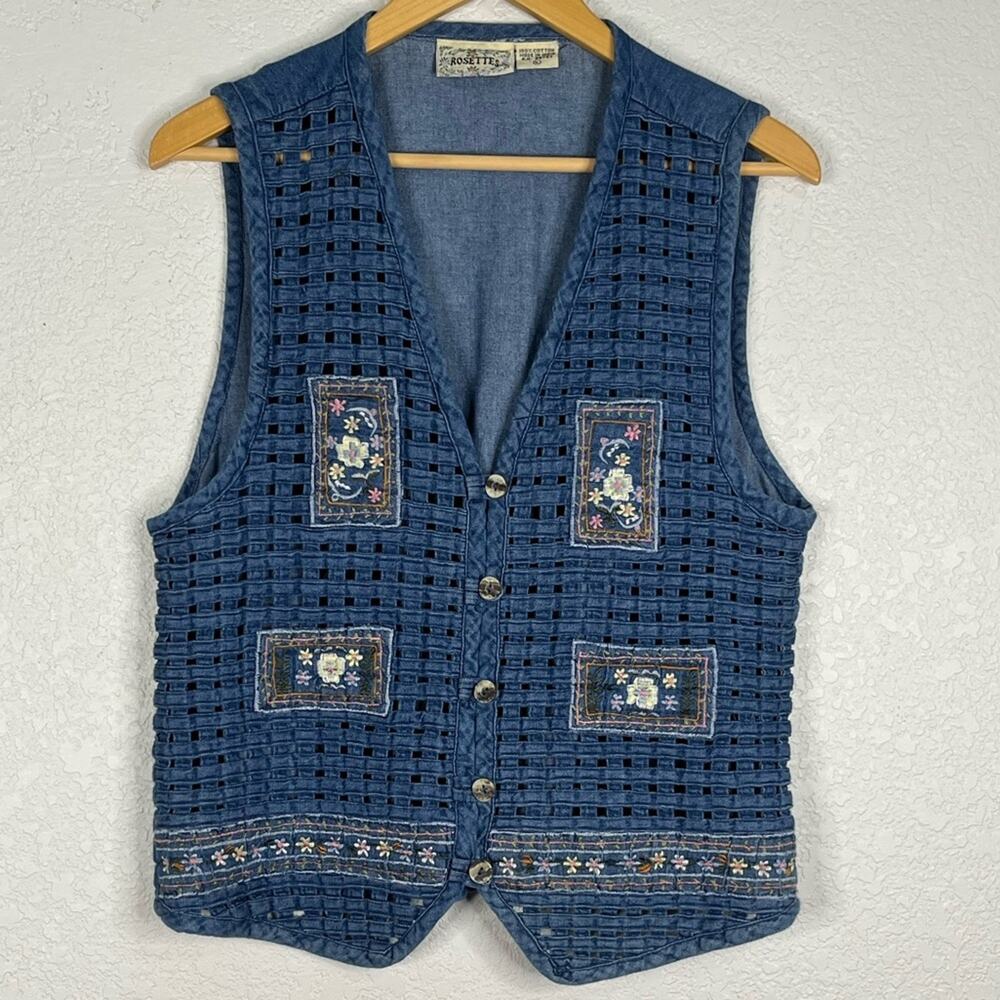 Vintage Rosettes open basket weave chambray floral embroidered vest Cottagecore